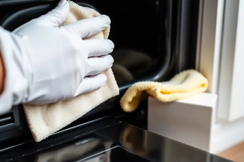 Close-up of detailed cleaning work on an oven door with a microfibre cloth