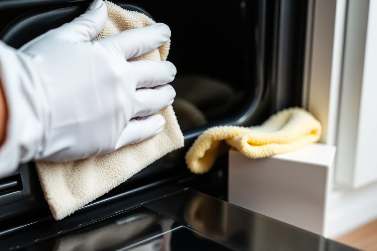 Close-up of detailed cleaning work on an oven door with a microfibre cloth