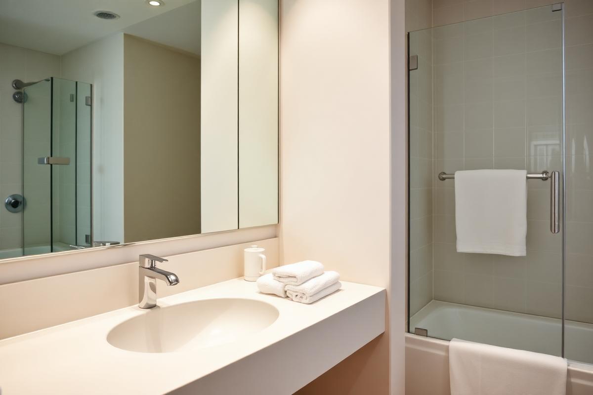 Bathroom prepared for guests with folded towels and a clear vanity