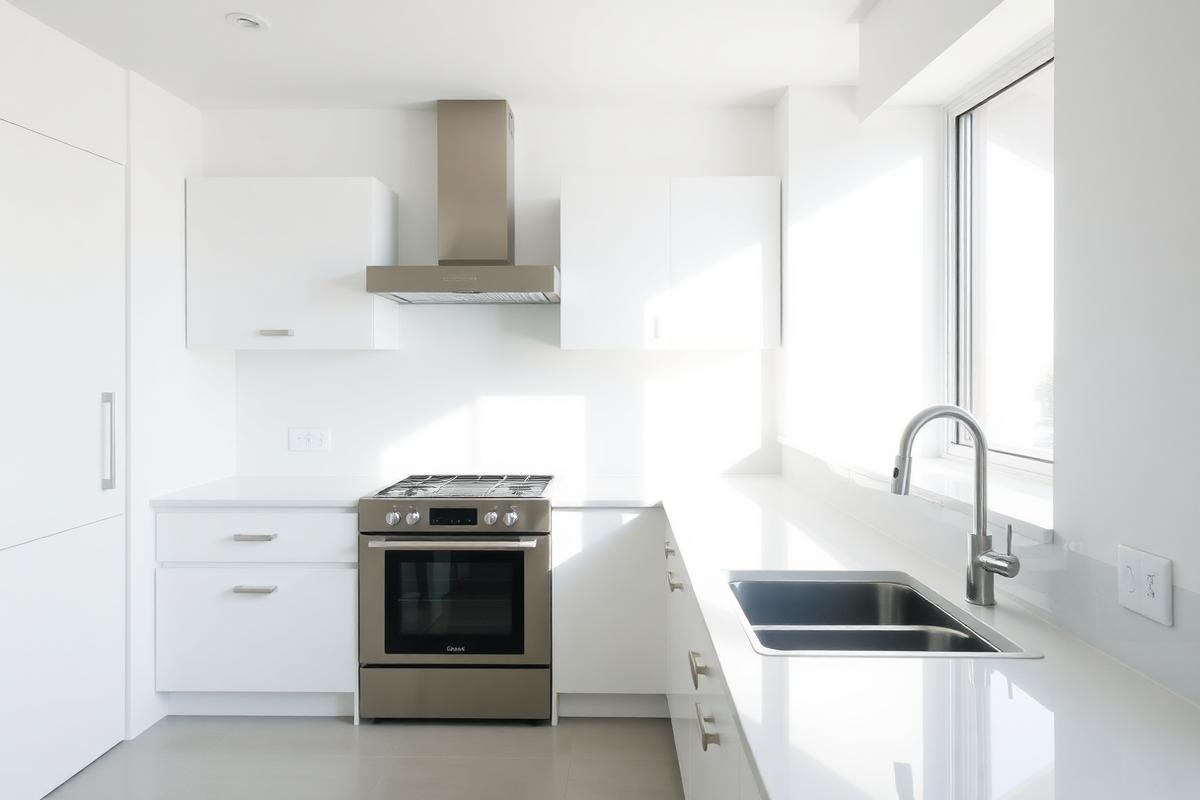 Clean kitchen with clear benchtops and polished stainless appliances
