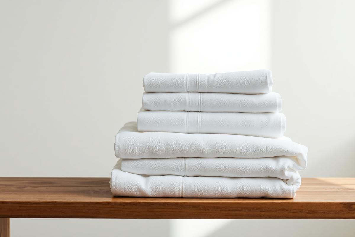 Stack of folded fresh white linen and towels on a timber bench