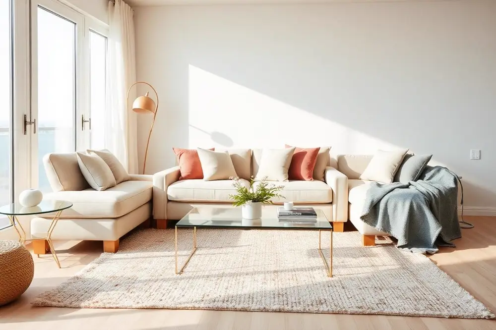 Tidy living area with styled cushions, clear coffee table and vacuumed rug