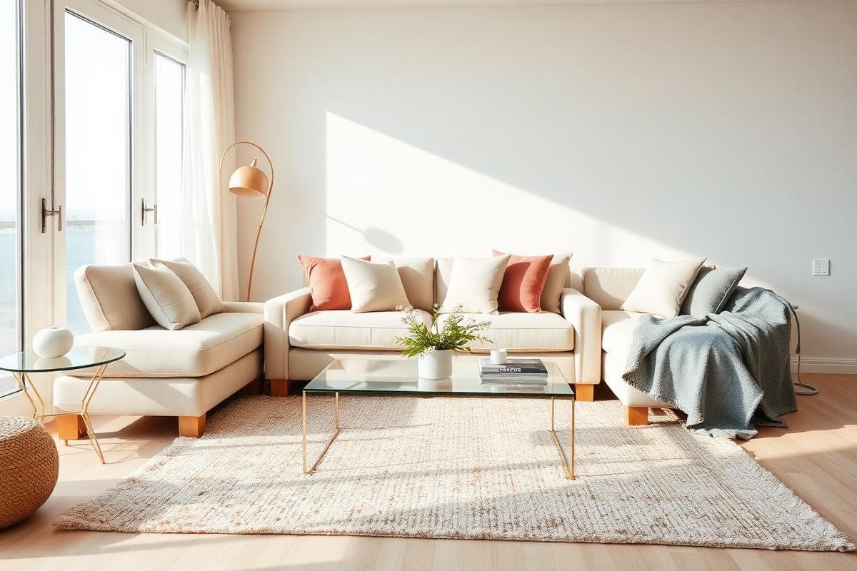 Tidy living area with styled cushions, clear coffee table and vacuumed rug